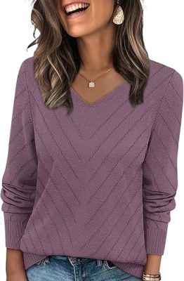 WIHOLL Sweaters for Women V Neck Casual Knit Long Sleeve Tops Lightweight Pullover Clothes Fall Fashion Outfits 2025