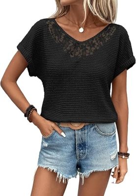 Dokotoo Women's Casual 2026 Waffle Knit Hollow Out Lace Tops Short Sleeve V Neck Loose Fit Shirts Blouses