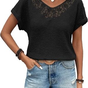 Dokotoo Women's Casual 2026 Waffle Knit Hollow Out Lace Tops Short Sleeve V Neck Loose Fit Shirts Blouses