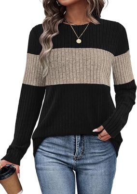 WIHOLL Womens Sweaters Trendy Color Block Tops Long Sleeve Shirts Fall Outfits Early Fall Fashion 2025 Winter Clothing