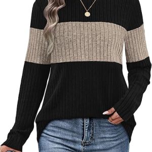 WIHOLL Womens Sweaters Trendy Color Block Tops Long Sleeve Shirts Fall Outfits Early Fall Fashion 2025 Winter Clothing